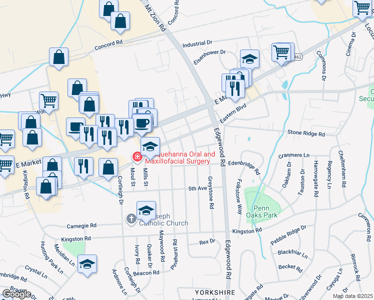 map of restaurants, bars, coffee shops, grocery stores, and more near 105 Wynwood Road in York