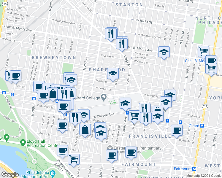 map of restaurants, bars, coffee shops, grocery stores, and more near 2217 West Seybert Street in Philadelphia