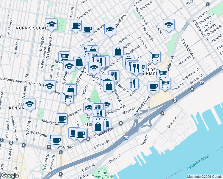 map of restaurants, bars, coffee shops, grocery stores, and more near 1411 East Berks Street in Philadelphia