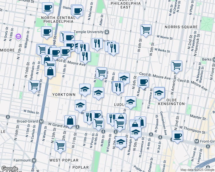 map of restaurants, bars, coffee shops, grocery stores, and more near 1538 North Darien Street in Philadelphia