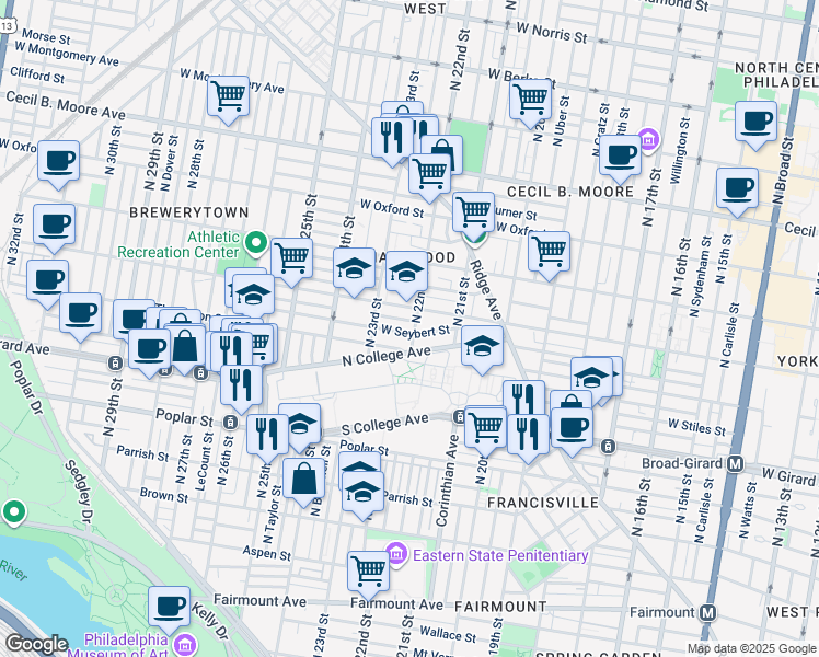 map of restaurants, bars, coffee shops, grocery stores, and more near 2217 West Seybert Street in Philadelphia