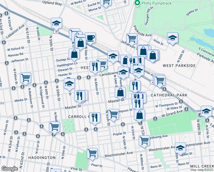 map of restaurants, bars, coffee shops, grocery stores, and more near 5441 Media Street in Philadelphia