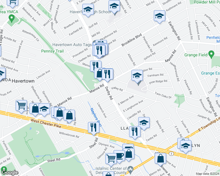 map of restaurants, bars, coffee shops, grocery stores, and more near 901 Darby Road in Havertown