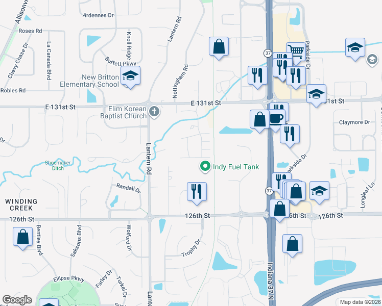 map of restaurants, bars, coffee shops, grocery stores, and more near 9048 Ramapo Drive in Fishers