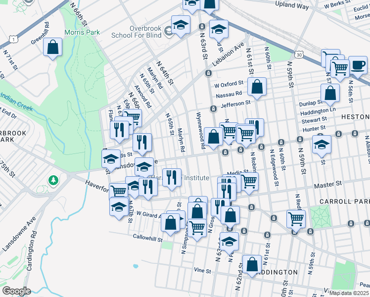 map of restaurants, bars, coffee shops, grocery stores, and more near 817 Marlyn Road in Philadelphia
