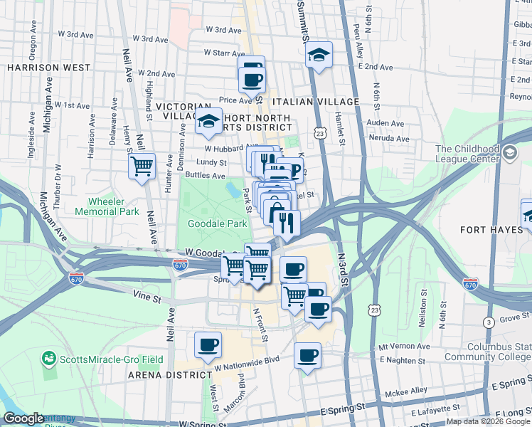 map of restaurants, bars, coffee shops, grocery stores, and more near 625 North High Street in Columbus