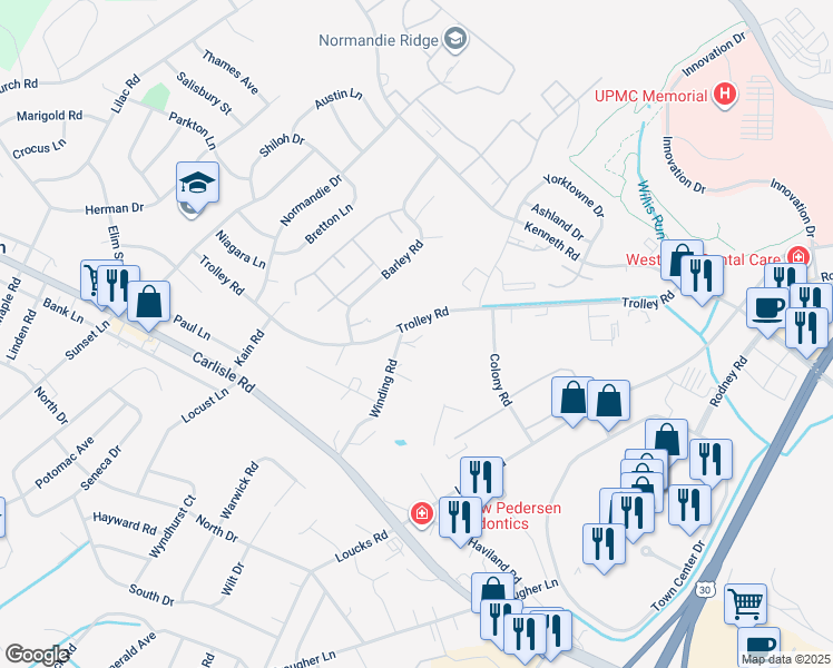 map of restaurants, bars, coffee shops, grocery stores, and more near 2000 Winding Road in York
