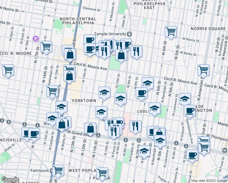 map of restaurants, bars, coffee shops, grocery stores, and more near 1530 North 10th Street in Philadelphia