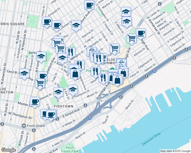 map of restaurants, bars, coffee shops, grocery stores, and more near 2556 East Norris Street in Philadelphia