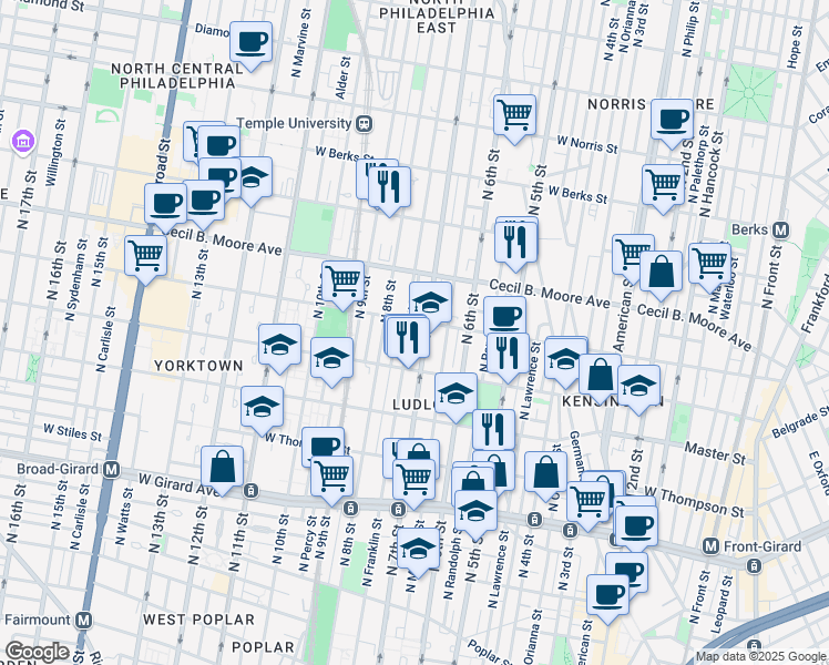 map of restaurants, bars, coffee shops, grocery stores, and more near 1541 North Franklin Street in Philadelphia