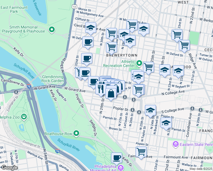 map of restaurants, bars, coffee shops, grocery stores, and more near 1237 North 29th Street in Philadelphia