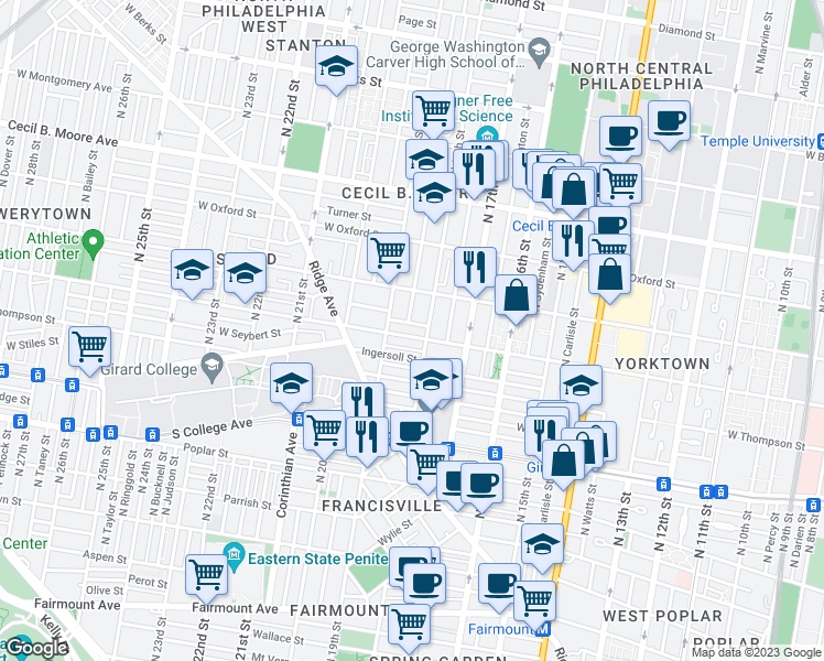 map of restaurants, bars, coffee shops, grocery stores, and more near 1811 West Master Street in Philadelphia