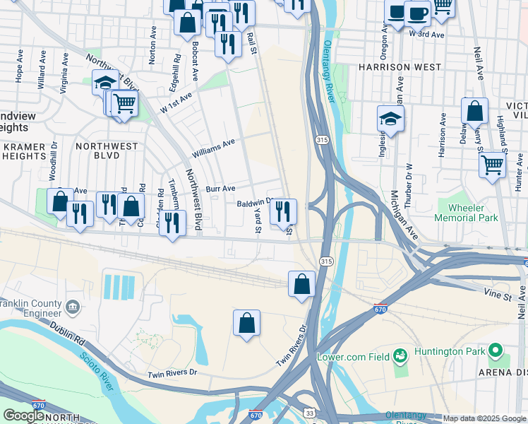 map of restaurants, bars, coffee shops, grocery stores, and more near 780 Yard Street in Grandview Heights