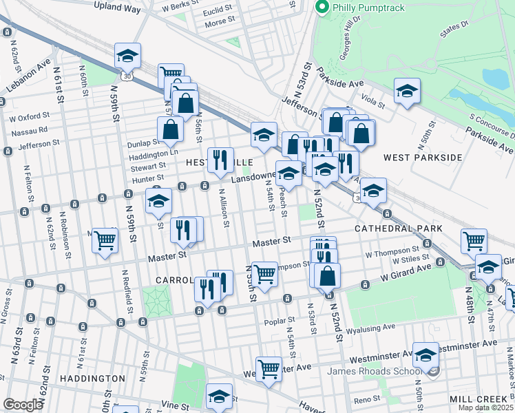 map of restaurants, bars, coffee shops, grocery stores, and more near 5429 Media Street in Philadelphia