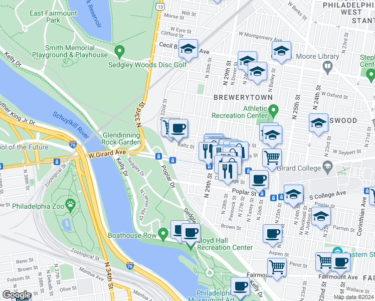 map of restaurants, bars, coffee shops, grocery stores, and more near 3019 West Stiles Street in Philadelphia