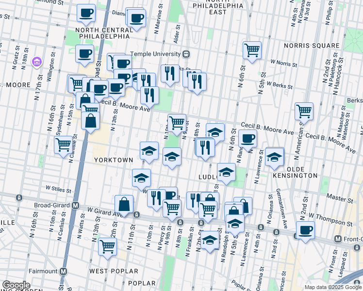 map of restaurants, bars, coffee shops, grocery stores, and more near 1534 North 9th Street in Philadelphia