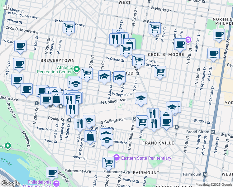 map of restaurants, bars, coffee shops, grocery stores, and more near 2221 West Seybert Street in Philadelphia