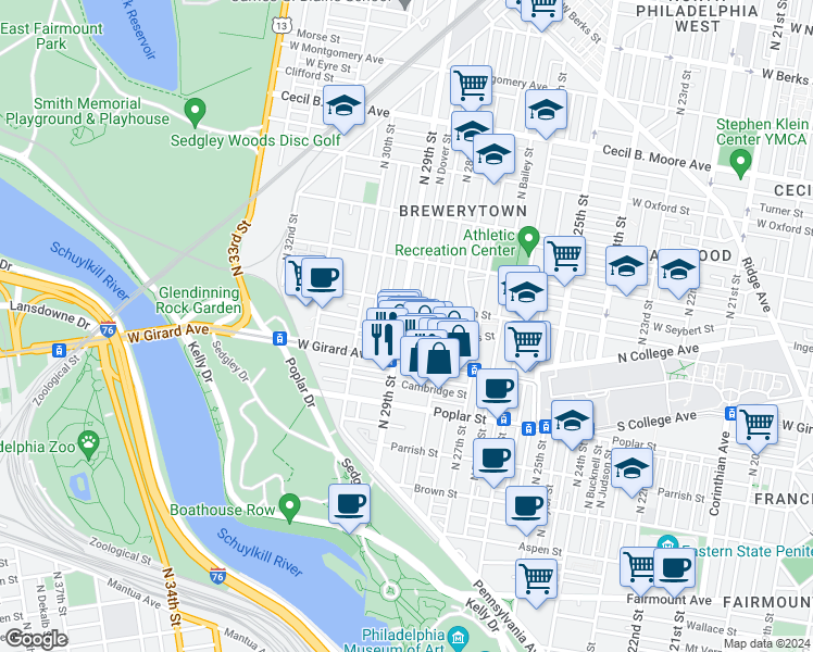 map of restaurants, bars, coffee shops, grocery stores, and more near 1237 North 29th Street in Philadelphia