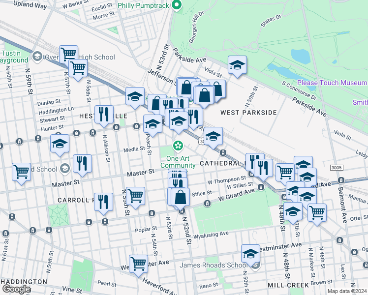 map of restaurants, bars, coffee shops, grocery stores, and more near 233 West Atlantic Street in Philadelphia