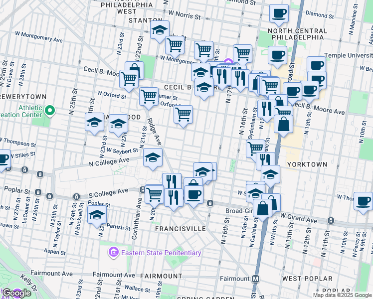 map of restaurants, bars, coffee shops, grocery stores, and more near 1837 Master Street in Philadelphia