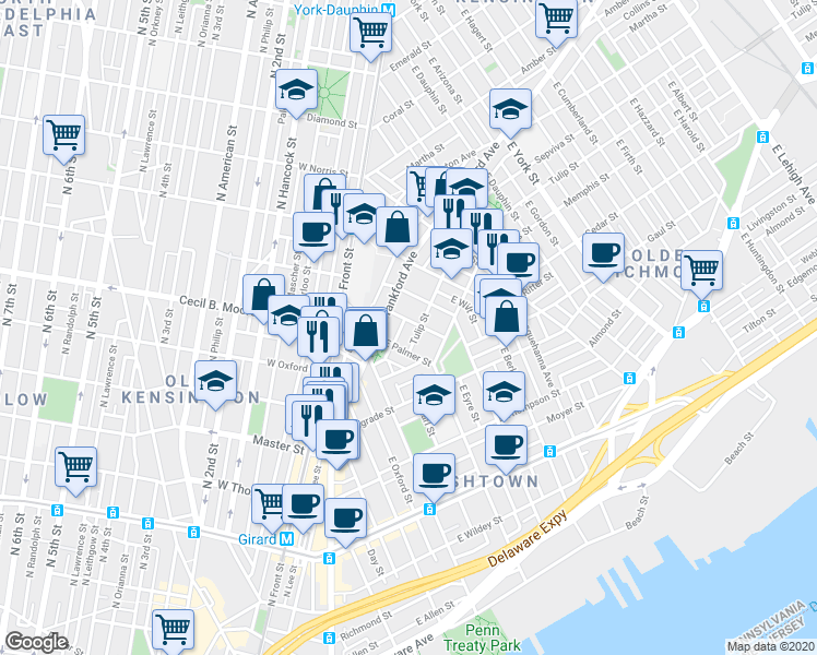 map of restaurants, bars, coffee shops, grocery stores, and more near 1630 East Eyre Street in Philadelphia