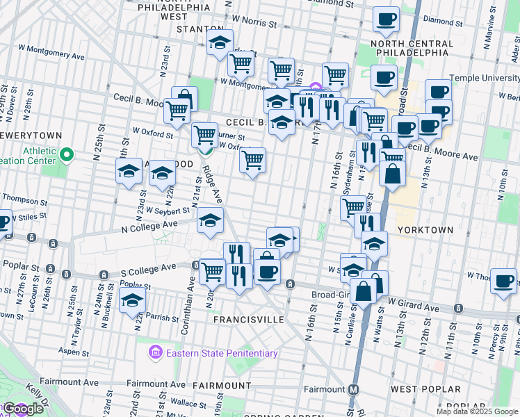 map of restaurants, bars, coffee shops, grocery stores, and more near 1833 Master Street in Philadelphia