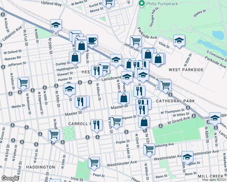 map of restaurants, bars, coffee shops, grocery stores, and more near 5427 Media Street in Philadelphia