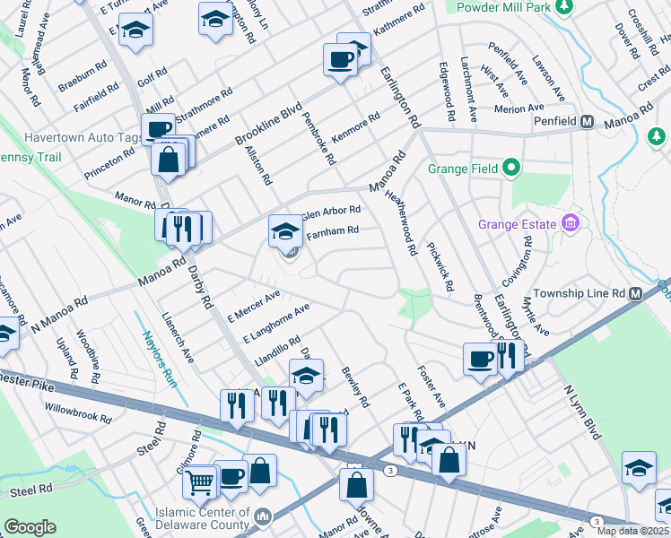 map of restaurants, bars, coffee shops, grocery stores, and more near 202 Wickford Road in Havertown