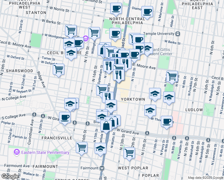 map of restaurants, bars, coffee shops, grocery stores, and more near 1432 North Broad Street in Philadelphia