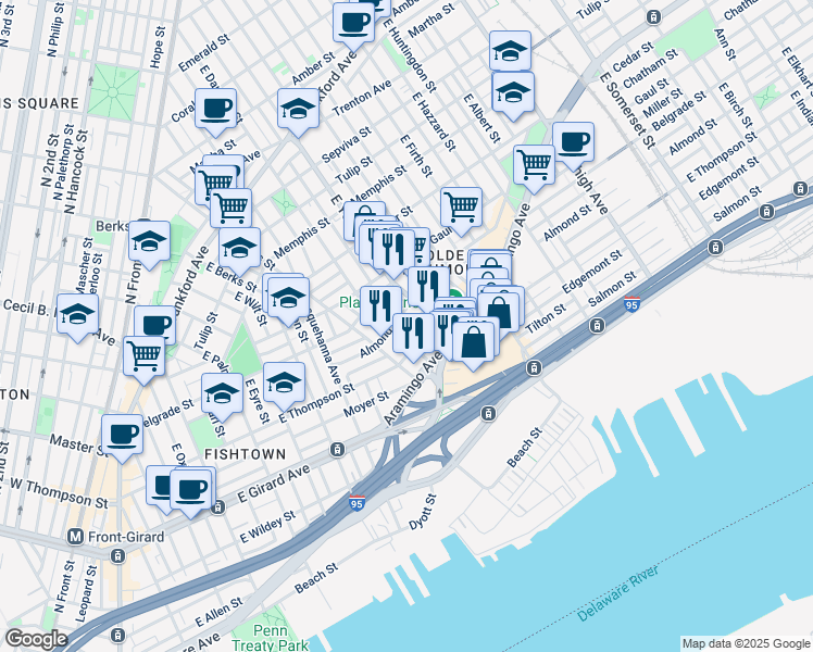 map of restaurants, bars, coffee shops, grocery stores, and more near 2216 East Thompson Street in Philadelphia