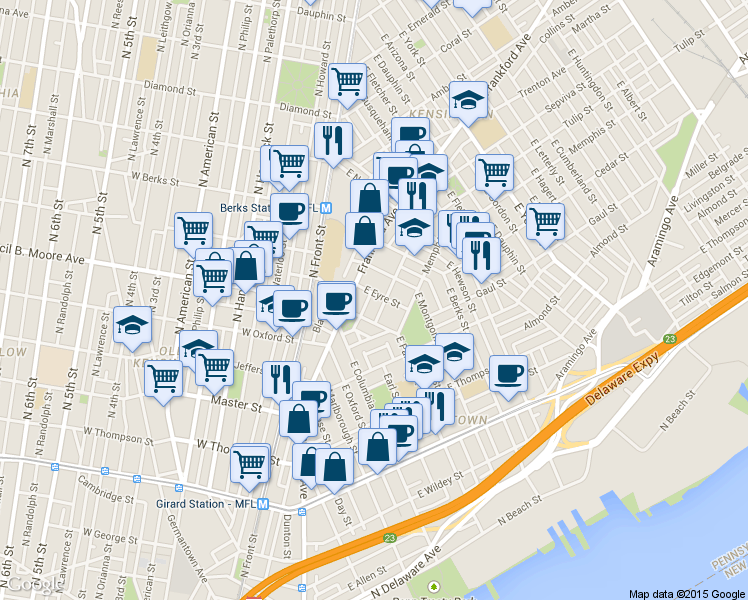 map of restaurants, bars, coffee shops, grocery stores, and more near 1630 East Eyre Street in Philadelphia