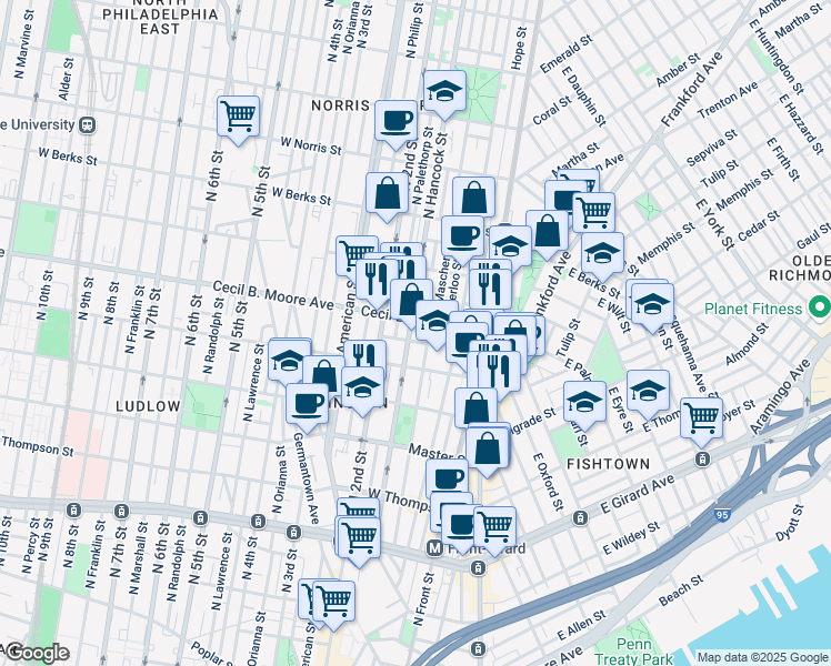 map of restaurants, bars, coffee shops, grocery stores, and more near 1615 North Hancock Street in Philadelphia