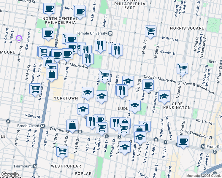 map of restaurants, bars, coffee shops, grocery stores, and more near 1540 North Darien Street in Philadelphia