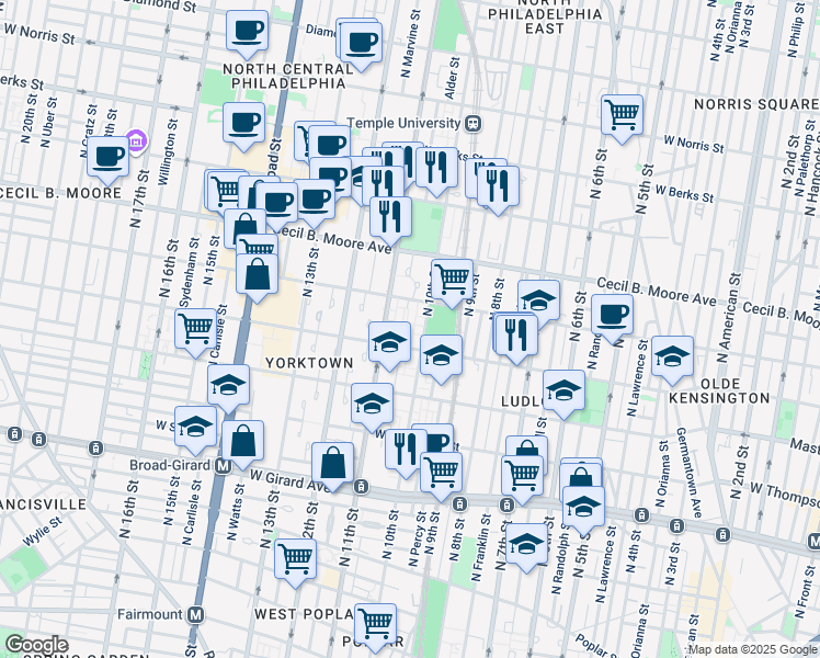 map of restaurants, bars, coffee shops, grocery stores, and more near 1529 North Jefferson Lane in Philadelphia