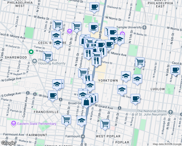 map of restaurants, bars, coffee shops, grocery stores, and more near 1432 North Broad Street in Philadelphia