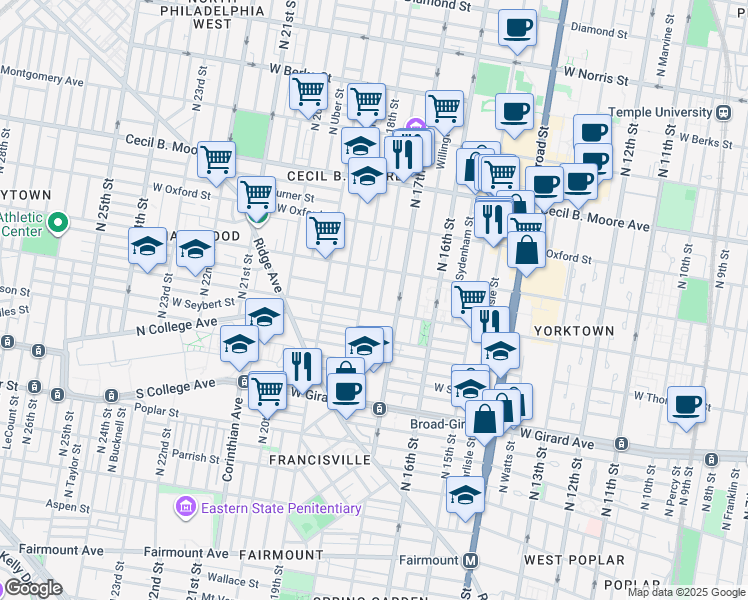 map of restaurants, bars, coffee shops, grocery stores, and more near 1730 Master Street in Philadelphia