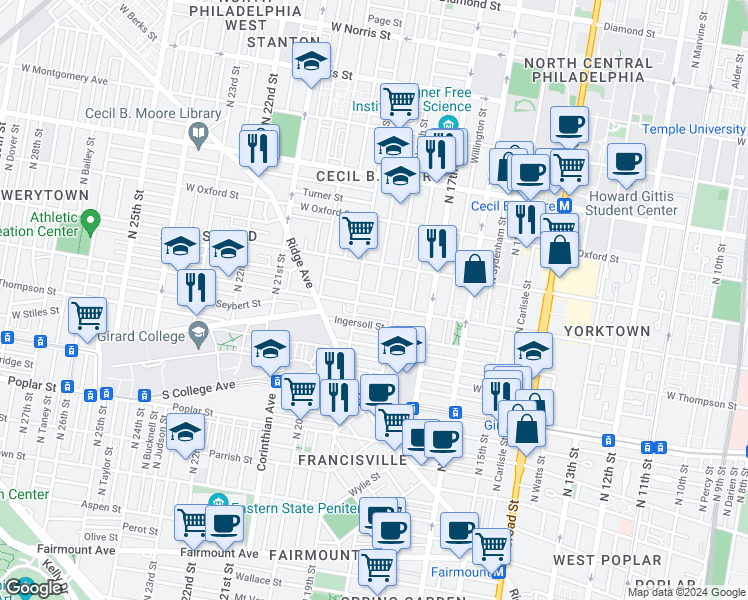 map of restaurants, bars, coffee shops, grocery stores, and more near in Philadelphia