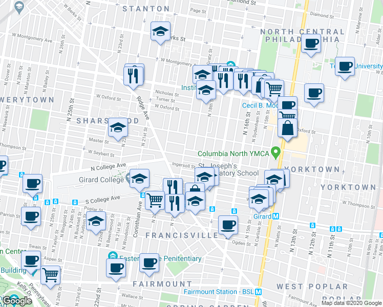 map of restaurants, bars, coffee shops, grocery stores, and more near in Philadelphia