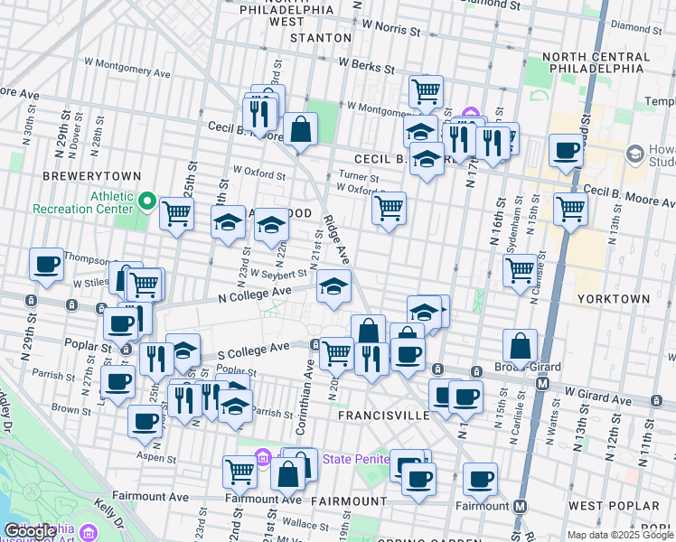 map of restaurants, bars, coffee shops, grocery stores, and more near 2031 North College Avenue in Philadelphia