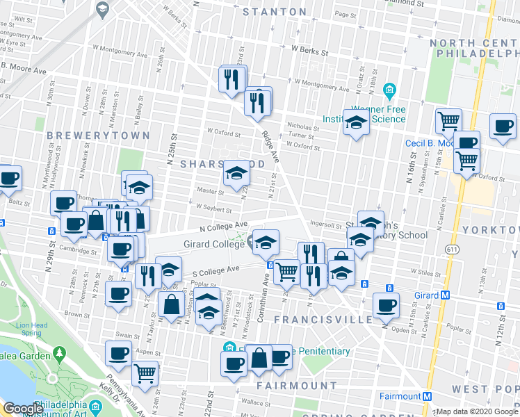 map of restaurants, bars, coffee shops, grocery stores, and more near 2101 North College Avenue in Philadelphia