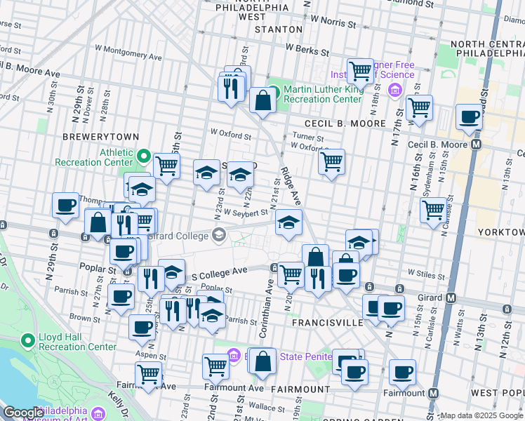 map of restaurants, bars, coffee shops, grocery stores, and more near 2101 North College Avenue in Philadelphia