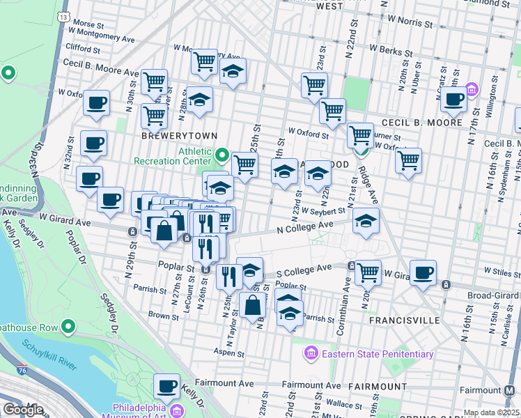 map of restaurants, bars, coffee shops, grocery stores, and more near 1210 North 24th Street in Philadelphia