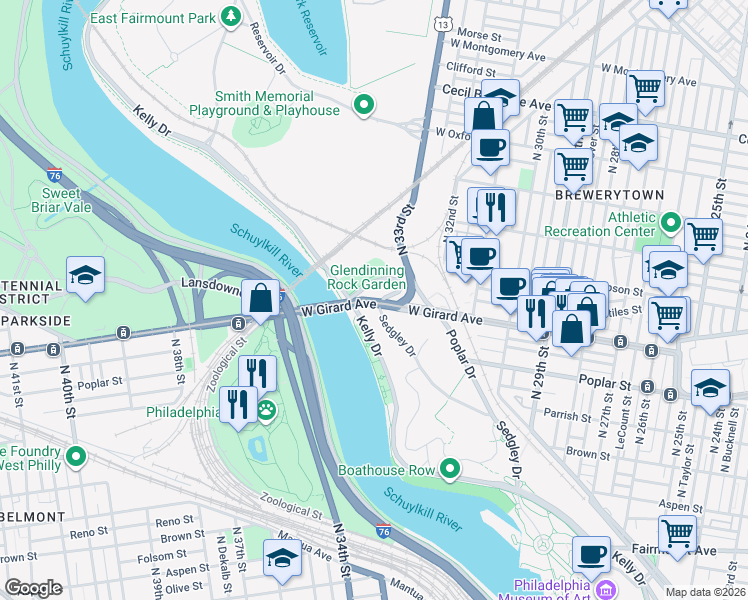 map of restaurants, bars, coffee shops, grocery stores, and more near W Sedgley Dr in Philadelphia