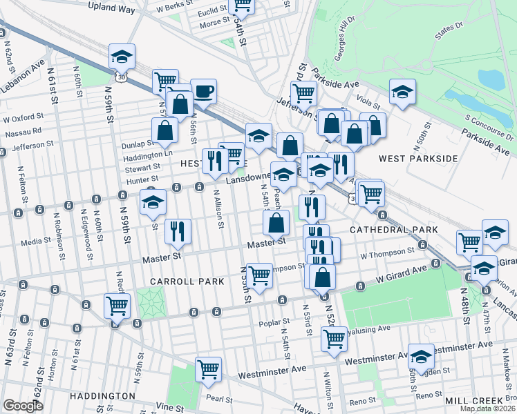 map of restaurants, bars, coffee shops, grocery stores, and more near 1440 North 54th Street in Philadelphia