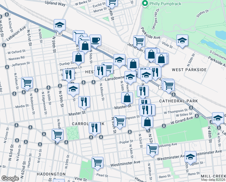 map of restaurants, bars, coffee shops, grocery stores, and more near 1455 North 55th Street in Philadelphia
