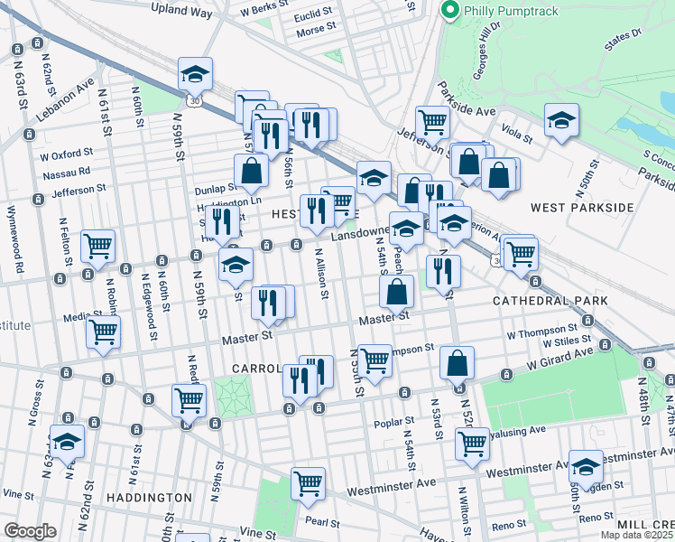 map of restaurants, bars, coffee shops, grocery stores, and more near 5549 Media Street in Philadelphia