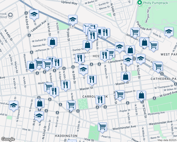 map of restaurants, bars, coffee shops, grocery stores, and more near 1500 North 57th Street in Philadelphia
