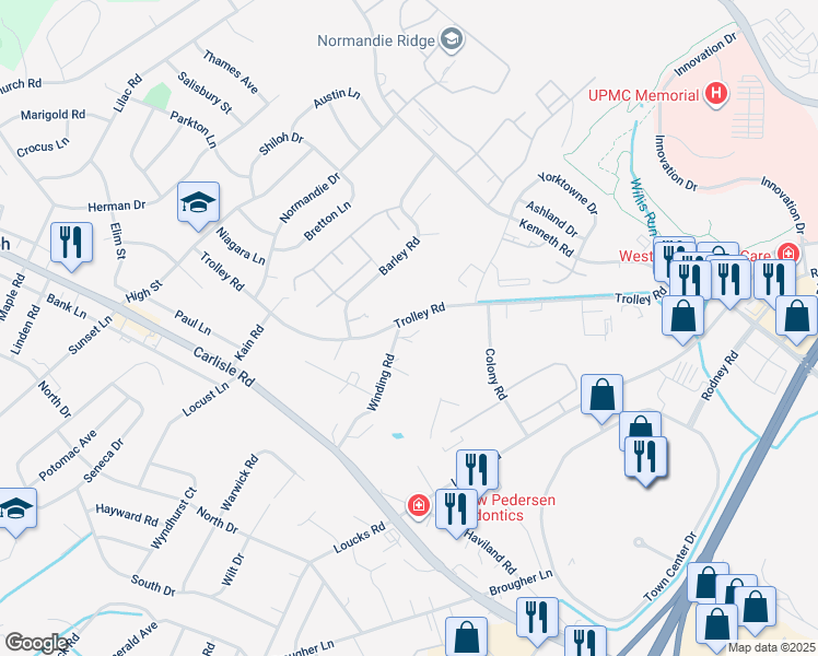 map of restaurants, bars, coffee shops, grocery stores, and more near 2000 Winding Road in York