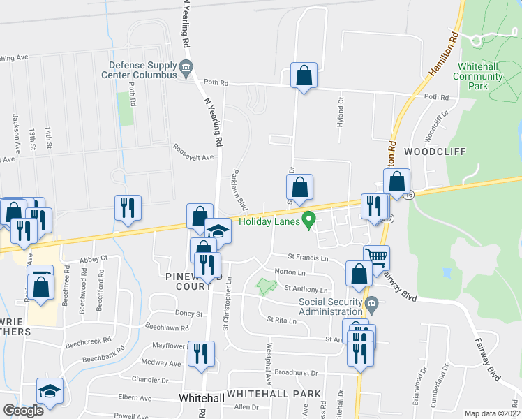 map of restaurants, bars, coffee shops, grocery stores, and more near 4445 East Broad Street in Whitehall