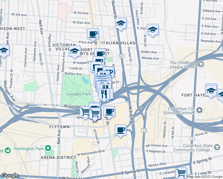 map of restaurants, bars, coffee shops, grocery stores, and more near 612 North High Street in Columbus